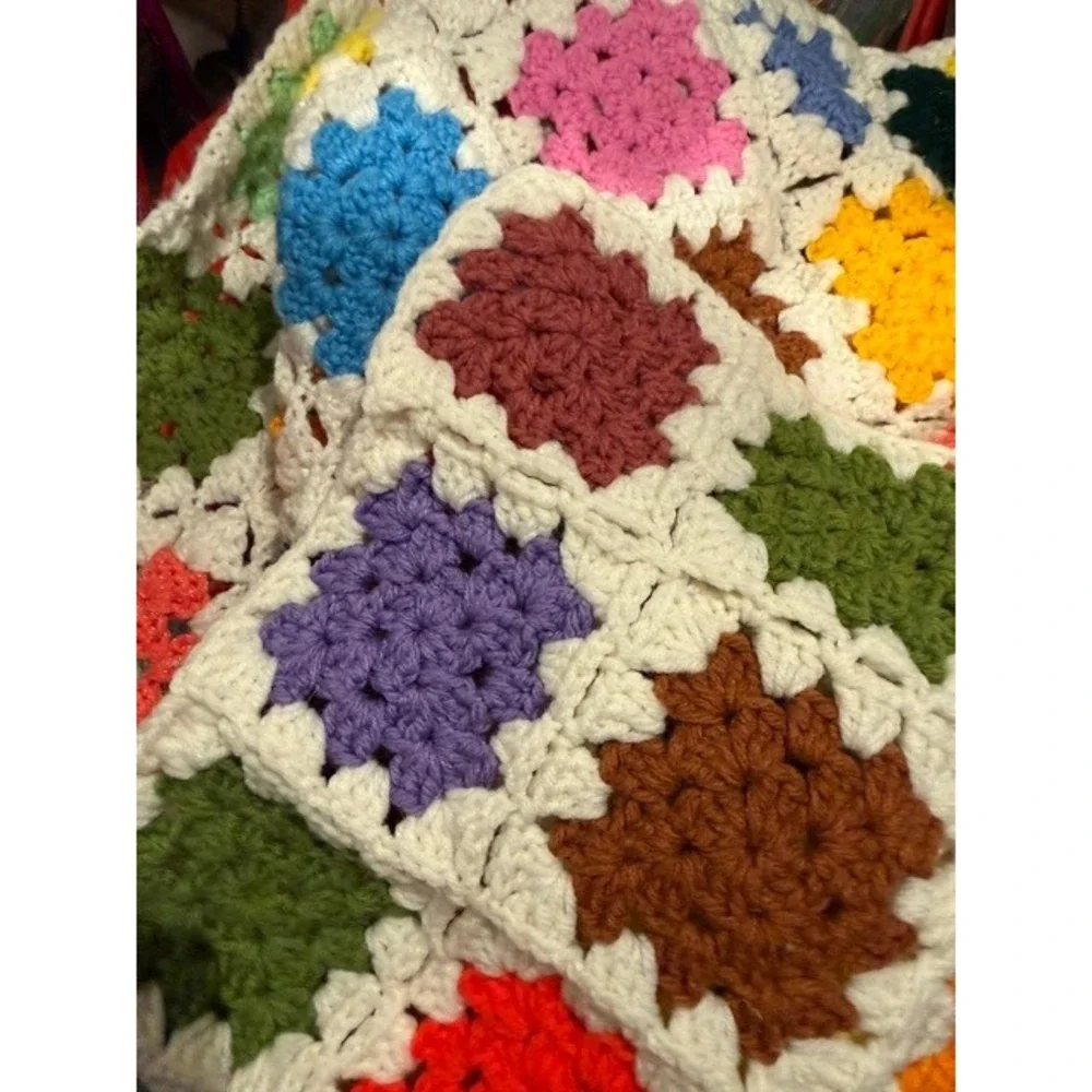 Vintage Handmade Crochet Granny Square Blanket Multi Boho Throw Afghan 67x60